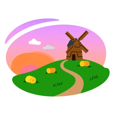 A quiet rural landscape at dusk featuring an old windmill with large, wooden blades. The windmill is positioned on a gentle hill, surrounded by a wide expanse of green grass. Scattered hay bales are placed around the landscape, some rolled and others stacked. The sky is filled with soft hues of purple and orange, creating a warm atmosphere as the sun sets. A few fluffy clouds drift across the sky, and a winding dirt path leads toward the windmill, inviting viewers into the serene scene.