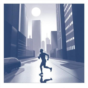 A cityscape at night, with tall skyscrapers casting long shadows. The scene shows a figure running away from the illuminated buildings, moving towards a darker, less defined area. The moonlight bathes the scene in a soft glow, highlighting the contours of the figure and the surrounding architecture. The ground is wet, reflecting the light in patches, creating an atmosphere of urgency and tension. The silhouette of the runner is tense, suggesting speed and determination as they navigate through the urban landscape.