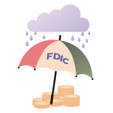 A digital flat illustration depicts an umbrella featuring the "FDIC" logo prominently on its canopy, positioned above a large pile of shiny coins. The umbrella is opened wide, showcasing its vibrant colors. Raindrops are falling from a cloudy sky above, directly hitting the umbrella while the coins below remain dry and glistening. The pile of coins is made up of various denominations, reflecting light and adding a sense of richness to the scene. The background is minimal to emphasize the umbrella and coins.