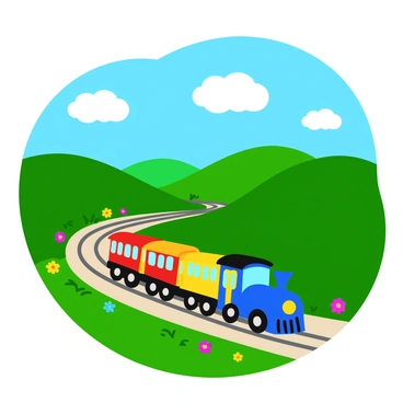 A colorful train with a bright blue engine is traveling along a winding track. The train features several cheerful, cartoon-style passenger cars with different colors, such as red, yellow, and green. It is moving through a landscape of gently rolling hills, covered in lush green grass. Vibrant wildflowers in shades of pink, yellow, and purple bloom along the sides of the track, creating a lively scene. A clear blue sky overhead is dotted with fluffy white clouds, adding to the playful atmosphere of the journey.