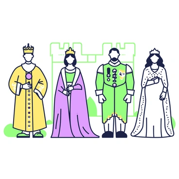 A lineup of historical British monarchs is standing in a grand formation. Each monarch is dressed in elaborate royal attire, showcasing different eras of British history. The first monarch on the left wears a golden robe adorned with intricate patterns and a crown featuring a large gemstone. Next to them, another monarch is clad in a deep purple gown with a long train, holding a scepter in one hand. The third monarch sports a suit of armor embellished with a flowing cape, with a dragon emblem on the chest, while the fourth wears a simple but elegant white dress with lace details and a delicate tiara. Each figure stands confidently, with subtle expressions conveying their regal bearing. The background features a hint of a historic castle wall, enhancing the royal atmosphere.