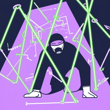 A spy is crouching low while navigating through a complex web of laser security beams. The spy is dressed in all-black tactical gear with a fitted mask that covers most of the face, revealing only the eyes. The environment is dimly lit, emphasizing the bright lasers that crisscross the space in various directions. The laser beams create intricate patterns, each glowing intensely. The spy’s body is positioned strategically to avoid the beams, with one arm extended forward and the other bent at the elbow. In the background, there are shadows of high-tech equipment, adding to the tension of the scene.