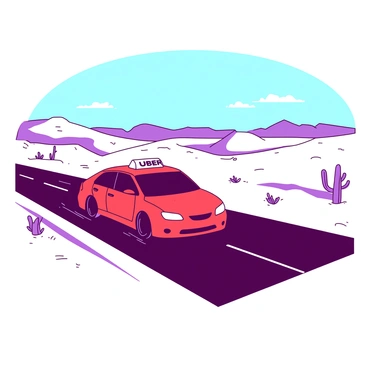 A red Uber car is cruising smoothly along an empty road that stretches through a vast desert landscape. The road is surrounded by sandy dunes that rise and fall gently under a clear blue sky. In the background, there are distant mountains with a subtle purple hue. The sun casts sharp shadows, highlighting the texture of the sand and the sleek design of the car. Sparse vegetation, such as small cacti, can be seen along the sides of the road, adding contrast to the scene.