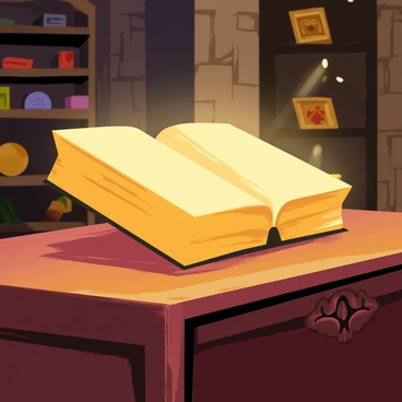 A glowing book with a golden cover floats slightly above a wooden table. The book is open, and soft, warm light radiates from its pages, illuminating the surrounding area. The table has a rich, dark finish and is adorned with intricate carvings. Shadows dance around the book, creating a mystical atmosphere. The background features an elegant room with stone walls and shelves filled with various ancient artifacts.