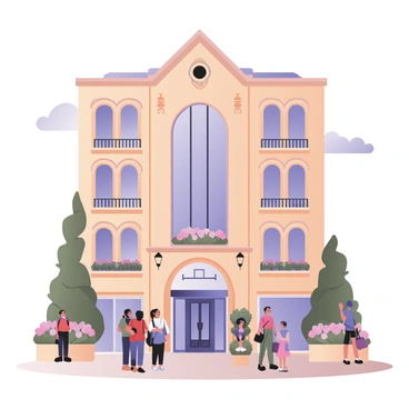 A digital flat illustration of a historical building featuring a classic facade with intricate stone carvings and tall, arched windows. The building is enhanced with contemporary design elements, including large glass panels that reflect the surroundings, a sleek metal entrance, and modern balconies with glass railings. Lush greenery surrounds the base of the building, with planters filled with vibrant flowers. A blue sky with a few clouds serves as the backdrop, and there are people walking around the building, some looking up at its unique blend of old and new architecture.