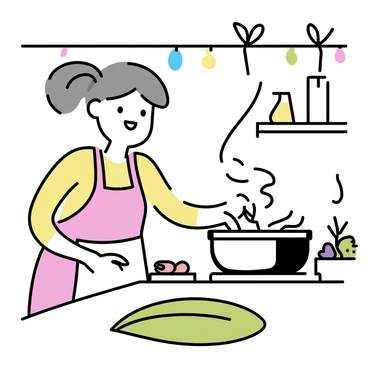 A grandmother with gray hair tied in a bun is standing in a cozy kitchen. She is wearing a simple apron over her traditional dress, focused on stirring a pot on the stove. The kitchen is filled with various ingredients, including fresh vegetables and spices laid out on the counter. There are colorful decorations hanging from the ceiling, indicative of the "onathappan" celebration. On the table, a large banana leaf is spread out, ready for serving traditional dishes once they are finished cooking. The warm light illuminates the scene, highlighting the grandmother's expression of joy as she prepares the meal.