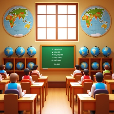An old-style classroom featuring large, detailed world maps hanging on the walls. A collection of globes displayed on wooden shelves is visible. Several students are seated at wooden desks, each focused on their papers, taking a history quiz. The students are of diverse backgrounds, with varying hairstyles and clothing styles. A chalkboard at the front of the classroom is filled with historical dates and events written in white chalk. Natural light filters through tall windows, illuminating the nostalgic atmosphere of the classroom.