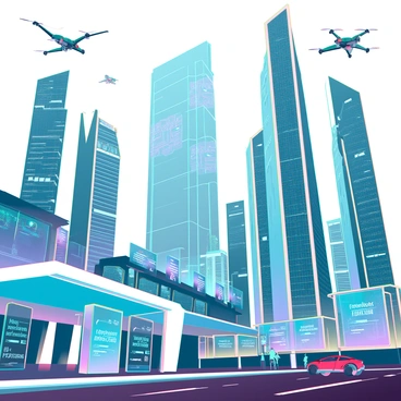 A sprawling futuristic cityscape filled with towering skyscrapers made of glass and steel. The buildings have sleek, aerodynamic shapes, with greenery integrated into their designs through vertical gardens and solar panels. Streets are lined with autonomous electric vehicles and people using personal flying drones for transportation. There are hydrogen refueling stations prominently displayed, featuring sleek, modern architecture. Holographic billboards showcase advertisements for hydrogen-powered products. The sky is filled with drones and flying cars, while pedestrians interact with augmented reality interfaces. In the background, a massive hydrogen storage facility is visible, with a shiny exterior reflecting the sun.