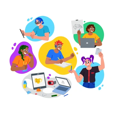 A group of five cartoon portraits depicting students attending an online illustration class. Each student is shown in their own colorful virtual classroom setting. The first student is a girl with short blue hair, wearing glasses, and drawing on a digital tablet. The second student is a boy with curly brown hair, wearing headphones, and sketching on paper. The third student is a girl with long green hair, sitting in front of a laptop with various art supplies around her. The fourth student is a boy with spiky red hair, animatedly sharing his artwork through a webcam. The fifth student is a girl with purple pigtails, smiling cheerfully while holding up her completed drawing. Each portrait features vibrant colors and distinct expressions, capturing the lively atmosphere of a creative online class.