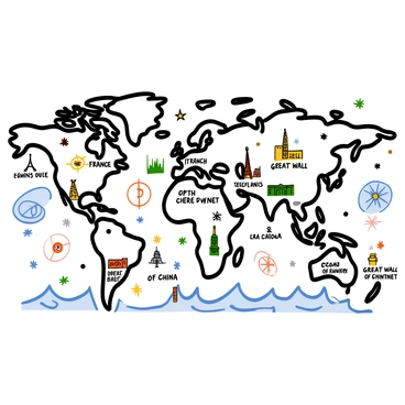 A detailed line work illustration of a world map. The map features prominent land masses in a clear outline, and various famous landmarks labeled throughout the continents. Each landmark, such as the "Eiffel Tower" in France and the "Great Wall of China," is represented with a small, intricate drawing beside its name. The ocean areas are marked with waves and compass roses, adding to the overall design. The background is filled with various geographical details, such as mountains and rivers, enhancing the map's complexity and richness.
