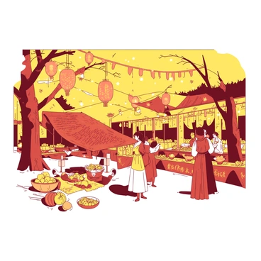 A yellow harvest festival scene is filled with magical lanterns hanging from trees. Each lantern emits a soft glow, illuminating the area with an orange light. Colorful banners are draped across the stalls, and there are tables adorned with fresh fruits and vegetables. People in traditional clothing are gathered, enjoying the festivities. In the background, enchanting decorations such as sparkling fairy lights and vibrant flowers are placed around the venue, creating a lively atmosphere for celebration.