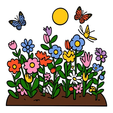 A moonlit garden with an array of colorful blooming flowers in various shapes and sizes. The flowers are vibrant, including roses, daisies, and lilies, creating a lively atmosphere. There are several butterflies fluttering gracefully among the flowers, showcasing different patterns and colors on their wings. The moon is full, casting a soft glow over the garden, illuminating the petals and creating gentle shadows on the ground. The scene conveys a sense of tranquility and natural beauty.