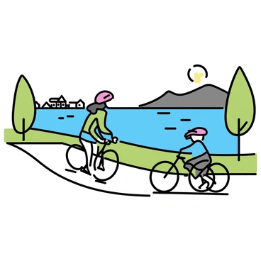 Two cyclists are riding along a winding path beside "Lake Como." One cyclist, a man wearing a red helmet and a blue jersey, is pedaling energetically. The second cyclist, a woman with a ponytail, is dressed in a green cycling outfit. Lush green trees line the path, and the tranquil lake reflects the clear blue sky. In the distance, there are gentle hills and quaint buildings along the shoreline.