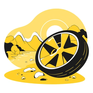 A close-up of a car wheel resting on a road. The surface of the wheel is shiny and reflects the warm, yellow glow of a sunrise. The road stretches out behind the wheel, bordered by silhouettes of distant hills and trees. The light casts soft shadows, emphasizing the texture of the tire tread. Small pebbles and debris are scattered around the base of the wheel, indicating the journey has begun. The sky shows a gradient of light as the sun rises, but only the yellow hues are visible.