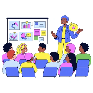 A speaker stands confidently at the front of a room, smiling broadly. The speaker is holding a vibrant, oversized prop that represents the topic being discussed. Surrounding the speaker are colorful visual aids displayed on a large board, including charts, graphs, and images that capture the audience's attention. The audience, made up of diverse individuals, appears engaged and interested, with some leaning forward in their seats, showing their enthusiasm. The atmosphere is lively, with a bright and cheerful ambiance that reflects the positive energy of the presentation.