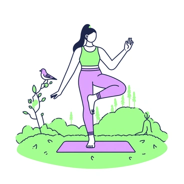 A girl is practicing a balancing pose on one leg. She has long hair tied back in a ponytail and is wearing a fitted tank top and leggings. Her arms are extended gracefully to the sides for balance, while her face shows a look of focus and concentration. The background includes a soft, natural landscape with green grass and a few distant trees. In her environment, a yoga mat is laid down beneath her, contrasting with the grass. Nearby, a small bird is perched on a tree branch, adding to the serene atmosphere of the moment.