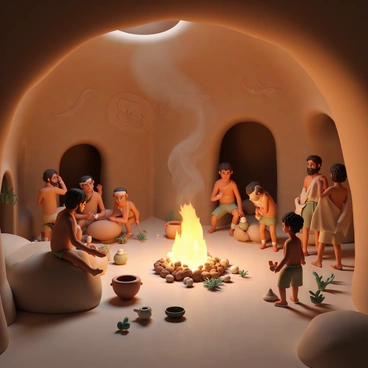 A group of Neanderthals, dressed in natural animal hides, are gathered inside a spacious cave illuminated by flickering firelight. One Neanderthal is sitting on a large stone, crafting a tool from flint, while another stands nearby, examining the gathered herbs and plants. Children can be seen playing with simple stone toys on the cave floor. The walls of the cave are adorned with primitive carvings depicting animals and hunting scenes. A small fire burns in the center, with smoke swirling upward, and various cooking pots made from clay are placed around it, indicating food preparation. The atmosphere is one of community and cooperation, with a sense of shelter and warmth.
