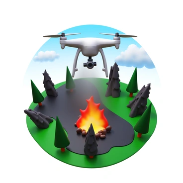 A drone equipped with cameras and sensors flying high above a forest fire. The drone captures images of the flames and smoke rising from the trees below. The landscape features charred trees and patches of green forest surrounding the fire. Bright orange and red flames contrast against the dark smoke. The drone is positioned at an angle that showcases its propellers spinning and its sleek design. The sky is partly cloudy, adding depth to the aerial view of the scene.