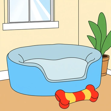 A comfortable pet bed in the living room corner, with a toy bone next to it