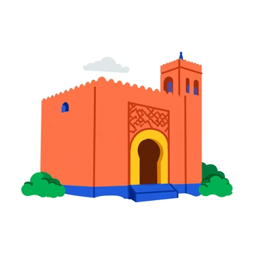 A distinctive Moroccan building featuring intricate archways and detailed carvings. The structure showcases a vibrant color palette with warm earthy tones of terracotta and deep blues. The archways are elegantly shaped, with elaborate geometric patterns etched into the stone. Above the archways, there are decorative motifs that enhance the architectural beauty. The building is set against a clear sky, highlighting its unique design. Lush greenery surrounds the base, adding a touch of nature to the scene.