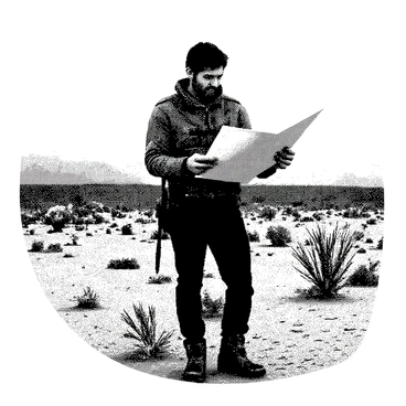 An explorer is standing in a desolate landscape, surrounded by barren ground and sparse vegetation. He is holding a tattered map in his hands, intently studying its details. The explorer is dressed in rugged outdoor clothing, including a weathered jacket and sturdy boots. His expression is focused and determined. The sky above is overcast, adding to the stark atmosphere of the scene. In the background, there are distant mountains that complete the isolated setting.