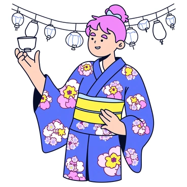 A person wearing a traditional kimono with intricate floral patterns in vibrant colors. The kimono has wide, flowing sleeves and is cinched at the waist with an ornate obi belt. The person is holding a small, elegant sake cup in one hand. The background features simple outlines of festival decorations, such as lanterns and banners, capturing the essence of a cultural festival.