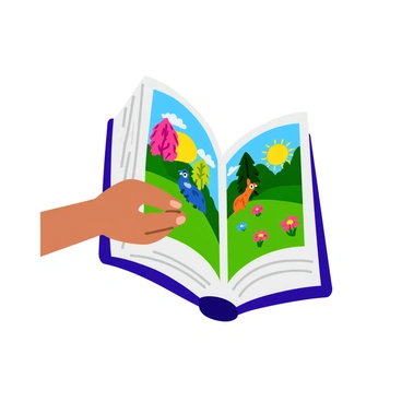 A right hand enthusiastically opening a large illustrated book.