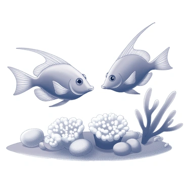 Two angelfish are swimming together in the ocean. They are positioned close to each other, engaged in a playful interaction. The surrounding environment features a variety of corals, showcasing intricate structures and textures. The sea floor is visible beneath them, adding depth to the underwater scene. The fish display their characteristic shapes and fin movements as they navigate through the coral landscape.