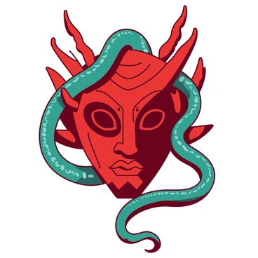 A red hannya mask with intricate facial features is prominently displayed. Sinuous teal snake tails are coiling around the mask, intertwining with the horns and framing the eyes. The snakes' scales glisten, reflecting light as they twist and turn. The background is a subtle mix of red and teal, enhancing the striking contrast between the mask and the snakes, creating a dynamic and engaging visual composition.