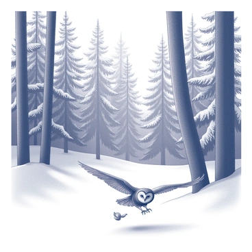 A boreal forest scene with an owl swooping down to catch prey in the snow