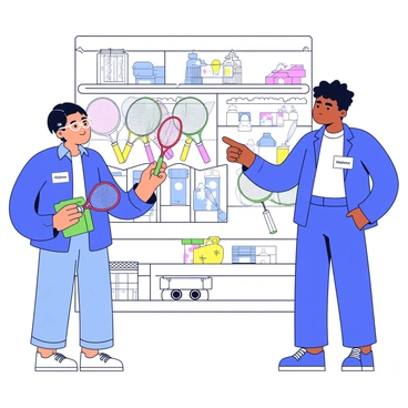 A store staff member is standing next to a display of badminton rackets. The staff member is wearing a bright blue uniform with a name tag. They are pointing to a selection of rackets, which are hanging on a pegboard. The customer, a young adult, is holding one racket with a green handle and is looking thoughtfully at another racket with a red frame. The background features shelves filled with sports equipment and accessories.