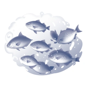 A group of fish with unique shapes and sizes is swimming together in a dynamic formation. Their bodies exhibit intricate patterns and textures, with fins and tails flowing gracefully through the water. The surrounding environment features swirling waves and currents, creating a sense of movement and fluidity. The background is filled with contrasting shapes and forms that suggest an underwater realm.