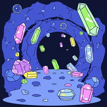 A cavern with rugged walls that are smooth and shiny, illuminated by numerous giant crystals scattered throughout. The crystals are various shapes, some sharp and pointed while others are more rounded, with facets that catch and reflect light. The colors of the reflected lights include vibrant hues of blue, pink, green, and yellow, creating a dazzling effect throughout the space. The ground is uneven, covered with small rocks and pebbles, and there are patches of shimmering minerals adding to the colorful display.