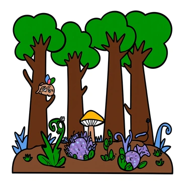 A magical forest filled with tall, lush trees with twisting branches and vibrant green leaves. The ground is covered with colorful plants that emit a soft glow in various shades of blue, purple, and green. Whimsical creatures peek out from behind the trees; a small, furry creature with big eyes and colorful wings is perched on a low branch. Nearby, a miniature dragon with shimmering scales and a long, curling tail is hiding behind a large mushroom. The atmosphere is enchanting, with patches of light filtering through the tree canopy, illuminating the glowing plants and showcasing the hidden wonders of the forest.