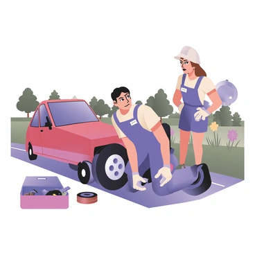 A mechanic is kneeling beside a car on a country road, working to fix a flat tire. The mechanic has short black hair and is wearing a blue jumpsuit with a name tag. He is using a wrench to loosen the lug nuts on the tire. The car is a small red sedan with a black rim. The country road is lined with green grass and wildflowers, and there are trees in the background under a clear blue sky. The stranded driver, a woman with long brown hair, is standing nearby, looking at the mechanic with a concerned expression. She is wearing a white t-shirt and denim shorts, holding a mobile phone in her left hand. A toolbox is open on the ground next to the mechanic, filled with various tools.