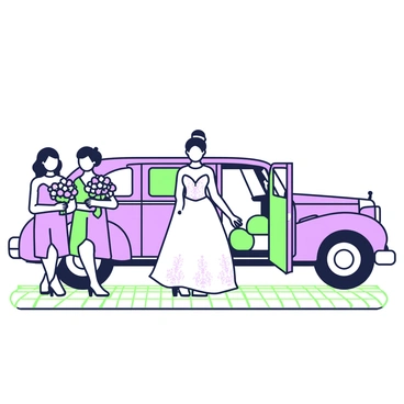 A bride in a beautiful white gown is stepping out of a classic limousine parked on a cobblestone street. The gown features intricate lace detailing and a flowing train. Beside her, three bridesmaids in matching pastel dresses are also exiting the limousine. The bridesmaids have their hair styled elegantly, with each holding a bouquet of flowers. The limousine is shiny and has large chrome wheels. The scene captures the moment with a sense of excitement and celebration, as the bridal party prepares for the wedding ceremony.