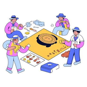 A team of archaeologists is actively engaged in uncovering artifacts from an ancient civilization at a dig site. One archaeologist is carefully brushing away dirt from a large, ornate pottery piece with intricate designs. Another archaeologist is examining a set of small, ancient tools laid out on a cloth. The dig site features a rectangular excavation area surrounded by tools, trowels, and brushes. There are piles of dirt and rocks nearby, while the sun casts shadows over the scene, illuminating the textures of the artifacts. Each archaeologist is wearing a wide-brimmed hat and gloves for protection.