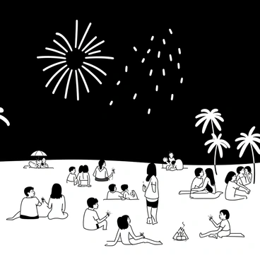 A beach scene at night, filled with people enjoying the warm atmosphere. The sand is dotted with beach towels and umbrellas, while families and friends gather in groups. People are looking up in awe as "fireworks" burst in the sky, creating intricate patterns. The silhouettes of palm trees frame the scene, swaying gently in the evening breeze. Some individuals are holding sparklers, adding to the festive feel of the setting. A distant bonfire glows softly, with a few figures seated around it, sharing stories and laughter.
