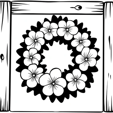 A handmade wreath composed of multiple gardenia blossoms is elegantly arranged in a circular formation. The wreath is adorned with lush green leaves interspersed among the white blossoms, adding texture and depth. It hangs at an angle on a weathered rustic door, which features visible wood grain and a few knots, emphasizing its aged quality. The lighting casts gentle shadows, highlighting the details of both the door and the wreath.