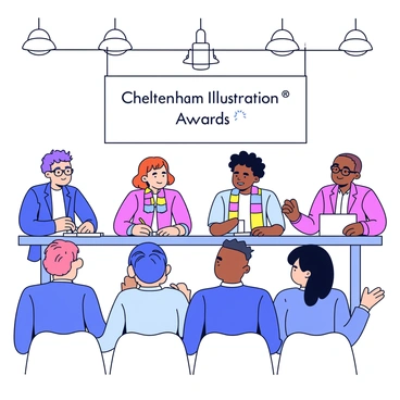 A group of four artists seated at a rectangular table during a panel discussion. Each artist has a unique appearance; one has short curly hair, another is wearing glasses, the third has a colorful scarf, and the last has a distinctive tattoo on their arm. They are surrounded by an audience, with a few people taking notes while others are listening attentively. A large banner displaying the text "Cheltenham Illustration Awards" hangs in the background. The room is equipped with bright lights and has a modern setting.