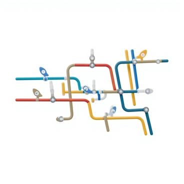 A sleek vector metro map featuring multiple train lines represented by different colors. Each train line has smooth, continuous paths with sharp angles for intersections. Unique station icons are placed along the lines, each designed to represent the specific features or themes of the station, such as an icon of a tree for a park station or a building silhouette for a downtown area. The background is a clean, minimalist white, allowing the colorful lines and distinctive icons to stand out clearly. The overall design is modern and easily readable.