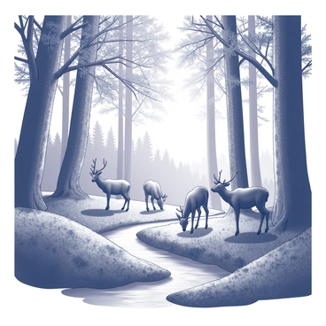 A forest filled with tall trees, their trunks thick and textured. The ground is covered with rich, dark foliage and patches of grass. In the foreground, a group of deer are grazing peacefully, their bodies positioned in various stances, some bending down to nibble on the grass. A stream flows gently nearby, its surface reflecting the dappled sunlight filtering through the leaves above. The scene conveys a sense of calmness, with soft shadows created by the interplay of light and tree branches.