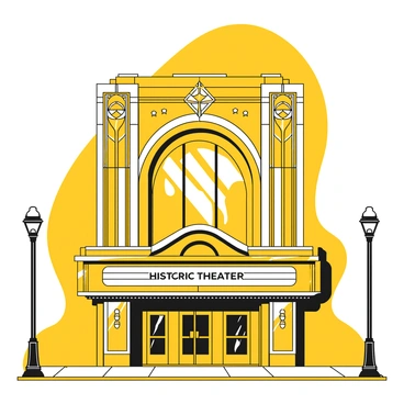 A historic theater building with a prominent art deco design stands tall. The exterior features intricate geometric patterns and ornate detailing, showcasing its architectural significance. Large, arched windows are adorned with decorative motifs. The entrance is framed by a grand marquee displaying the title "Historic Theater." Flanking the entrance are elegant columns supporting elaborate cornices. The surrounding area includes a paved sidewalk and a few decorative lampposts, enhancing the grandeur of the scene.