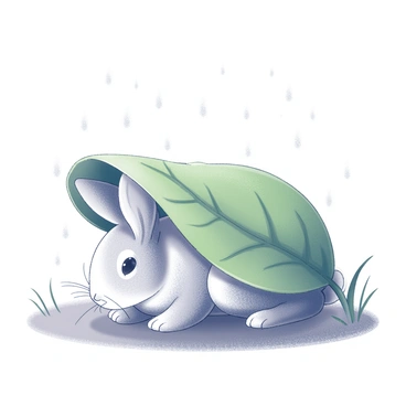 A rabbit is nestled beneath a large green leaf, seeking shelter from the rain. The rabbit has soft, fluffy fur and long ears that stand alert. Raindrops are visibly splattering against the surface of the leaf and the ground. The leaf is broad and covers a significant portion of the rabbit's body. The background features subtle hints of a rainstorm, with droplets cascading down, creating a sense of movement in the scene. The environment around the rabbit includes blurred outlines of grass and small plants, indicating the wet ground.