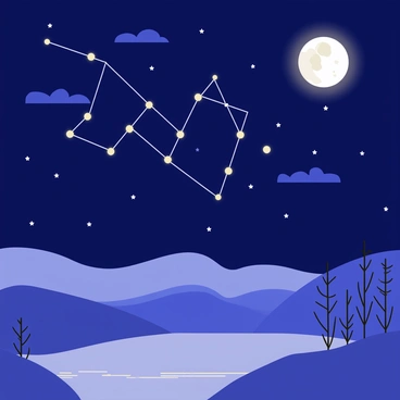 A night sky filled with the "Big Dipper" constellation, composed of bright stars arranged in a distinctive shape. A "bright full moon" shines down, casting a soft glow over a "quiet landscape" below, which features gently rolling hills and a calm body of water reflecting the moonlight. Wispy clouds drift across the sky, adding depth to the scene. Silhouettes of sparse trees stand against the moonlit backdrop, enhancing the tranquil atmosphere of the landscape.