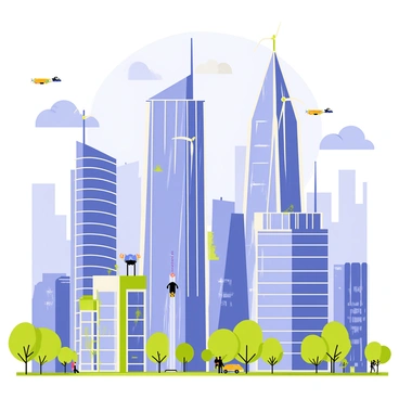A futuristic city skyline featuring tall, sleek skyscrapers with reflective glass surfaces. Several modern wind turbines are strategically placed on the rooftops, their blades spinning gently in the wind. The sky is a vibrant blue with fluffy white clouds, and there are green areas scattered throughout the city, showcasing vertical gardens and trees. The scene is bustling with activity, with small flying vehicles zipping through the air and people walking along the streets below, highlighting the integration of technology and nature.