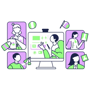 A group of illustrators from different countries is engaged in a video call, displayed on multiple screens. Each screen shows a different illustrator, with various artistic tools visible in their backgrounds. The first illustrator has a sketchbook and colored pencils, while another has a digital tablet and stylus. In the center of the image, there is a large monitor showing a shared project, featuring sketches and notes. Around the corners of the screens, there are small flags representing each illustrator's country. The setting has a collaborative atmosphere, with each illustrator focused and discussing ideas.