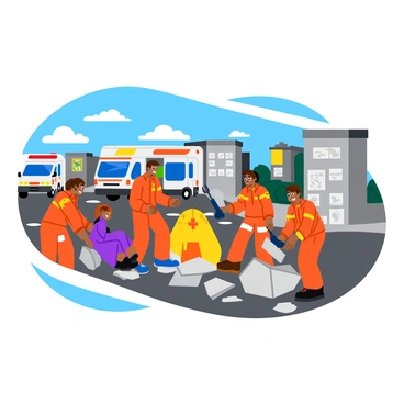 A group of rescue team members in bright orange uniforms is working diligently at an epicenter location. They are assisting individuals by helping them out of a damaged building and providing first aid. The scene includes various pieces of debris scattered around them, with some team members using tools to clear blockages. In the background, there are emergency vehicles with flashing lights and a temporary command center set up with maps and communication equipment. The sky is partly cloudy, adding a dramatic backdrop to the busy scene.