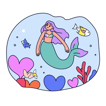 A mermaid with long flowing hair is swimming gracefully in the ocean. Her tail is iridescent and shimmers in shades of teal and purple. Surrounding her are heart-shaped coral formations in vibrant colors, including pink, red, and orange. The water is clear, allowing light to filter through, creating a soft glow around the scene. Fish of various shapes and sizes swim nearby, adding to the lively underwater atmosphere.