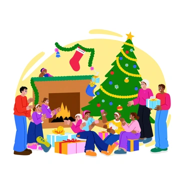 A festive holiday scene featuring several children joyfully decorating a Christmas tree. The tree is adorned with colorful ornaments, twinkling lights, and a shiny star on top. Some children are hanging ornaments while others are stringing popcorn garlands. In the foreground, a group of kids is gathered around, excitedly exchanging wrapped gifts with bright, shiny paper and oversized bows. The room is filled with holiday decorations, including garlands and stockings hanging by a cozy fireplace. Warm light illuminates the scene, creating a cheerful atmosphere.
